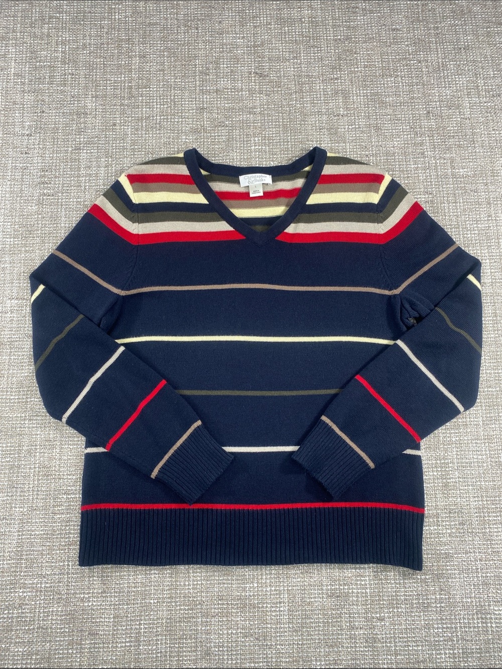 Christopher & Banks Navy V-Neck Sweater with Red, Cream, Tan and Olive Stripes